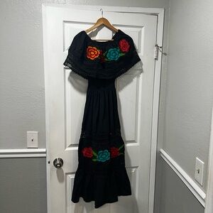 Embroidered Black Dress with Floral Accents